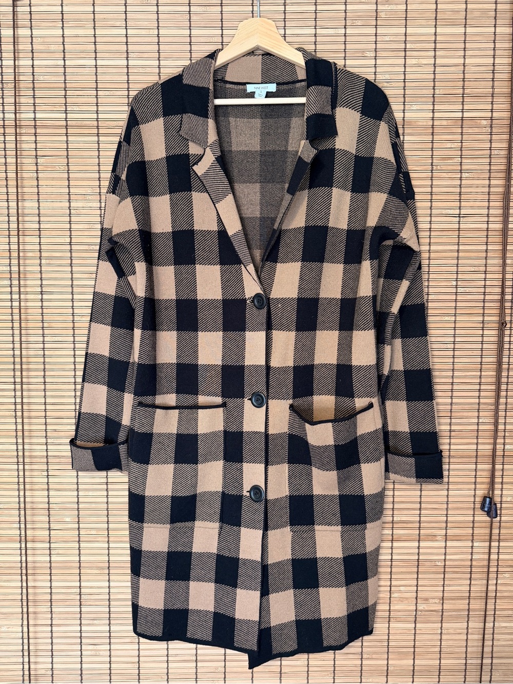 Nine West Black & Tan Buffalo Plaid Long Coatigan